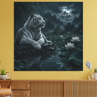 White Tiger in Moonlit Lotus Pond – Mystical Blue Canvas Print