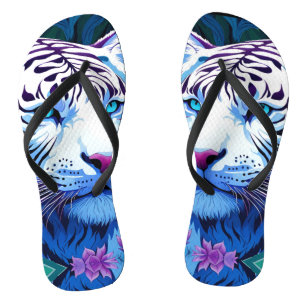 White Tiger in purple flowers  Flip Flops