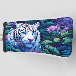 White Tiger in purple flowers Reflection Golf Head Cover