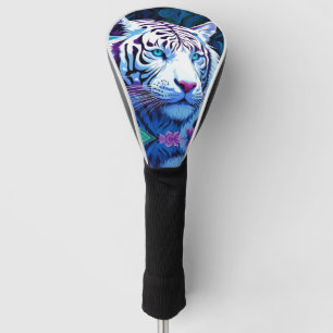 White Tiger in purple flowers Reflection Golf Head Cover