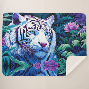White Tiger in purple flowers  Sherpa Blanket