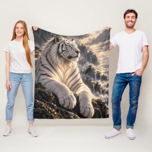 White Tiger in Snowy Mountains – Majestic Wildlife Fleece Blanket