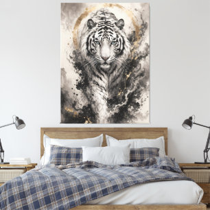 White Tiger Ink Art Powerful Guardian Oriental Sty Canvas Print