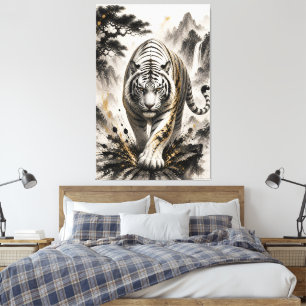 White Tiger Ink Splash Canvas Art Japanese Sumi-e
