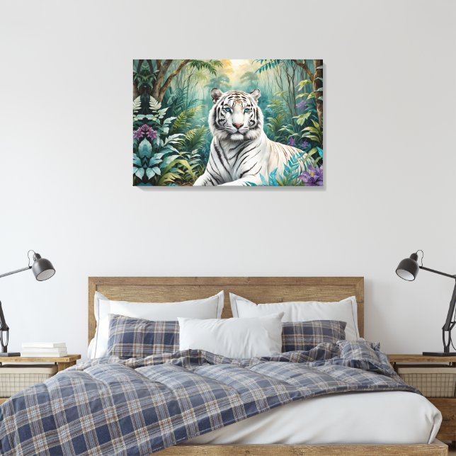 White Tiger Jungle Flora Canvas Print (Insitu(Bedroom))