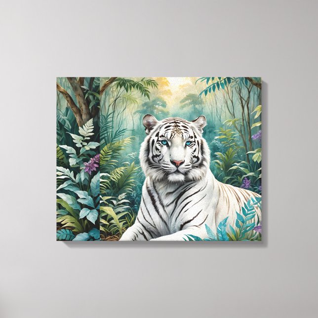 White Tiger Jungle Flora Canvas Print (Front)