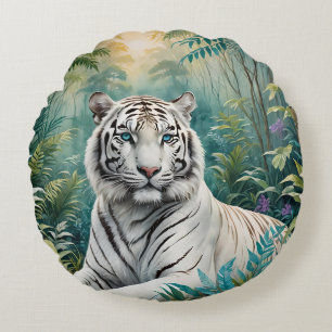White Tiger Jungle Flora Round Cushion