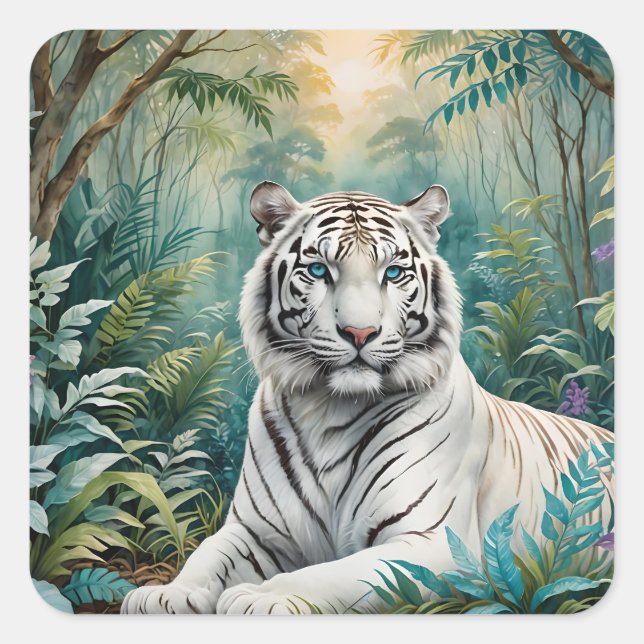 White Tiger Jungle Flora Square Sticker (Front)