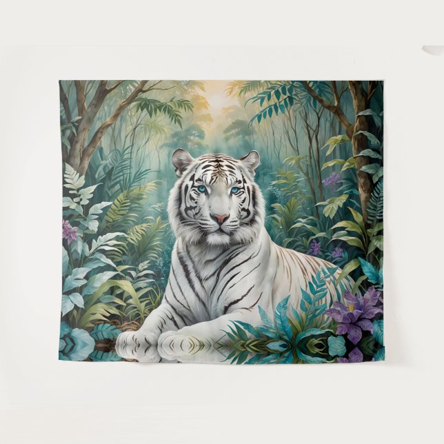 White Tiger Jungle Flora Tapestry (Front (Horizontal))