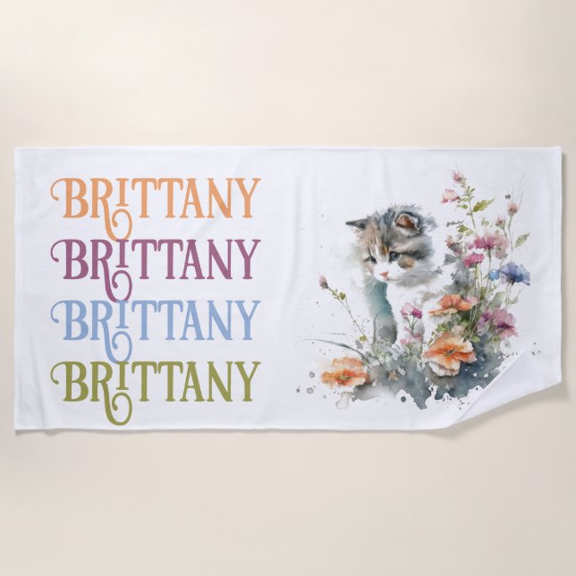 White Tiger Kitten in Flowers Monogram Beach Towel (Front)
