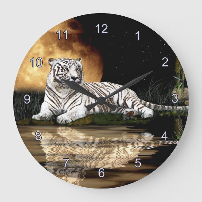 White Tiger & Moon Big Cat Animal-Lover Wall Clock (Front)