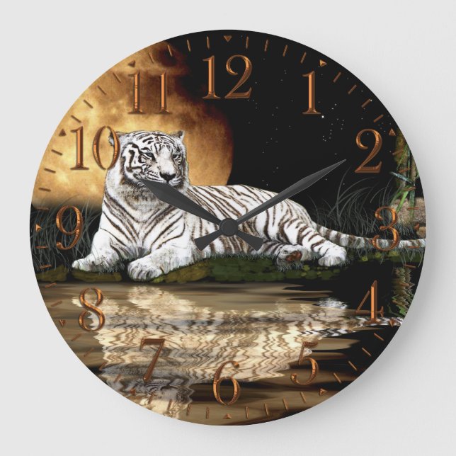 White Tiger & Moon Big Cat Animal-Lover Wall Clock (Front)