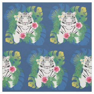 White tiger portrait with tropical leaves fabric