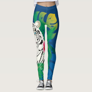 White tiger portrait with tropical leaves leggings