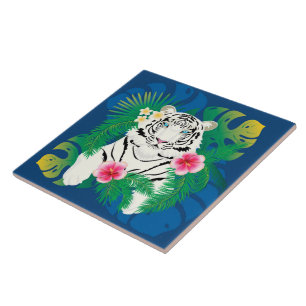 White tiger portrait with tropical leaves tile