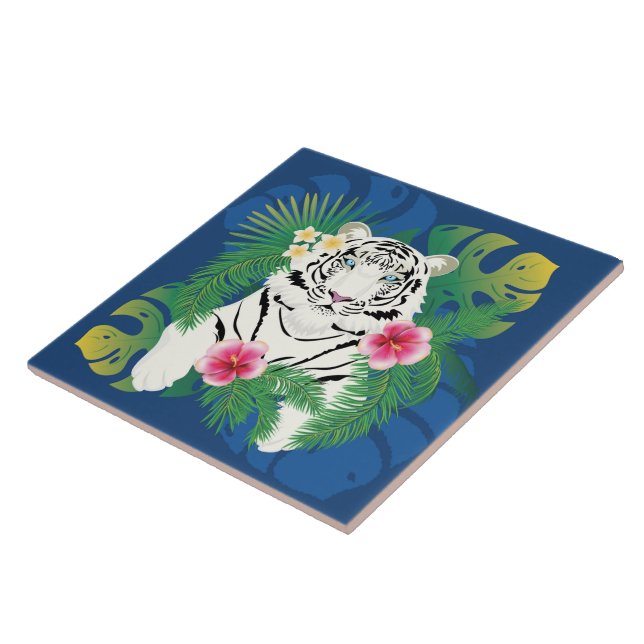 White tiger portrait with tropical leaves tile (Side)