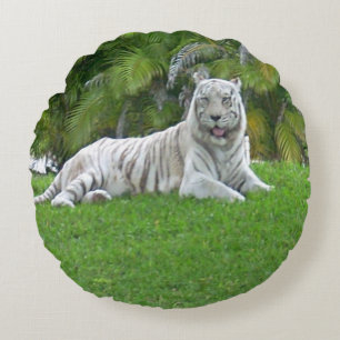 White Tiger Resting in Calm Green Meadow Round Cushion