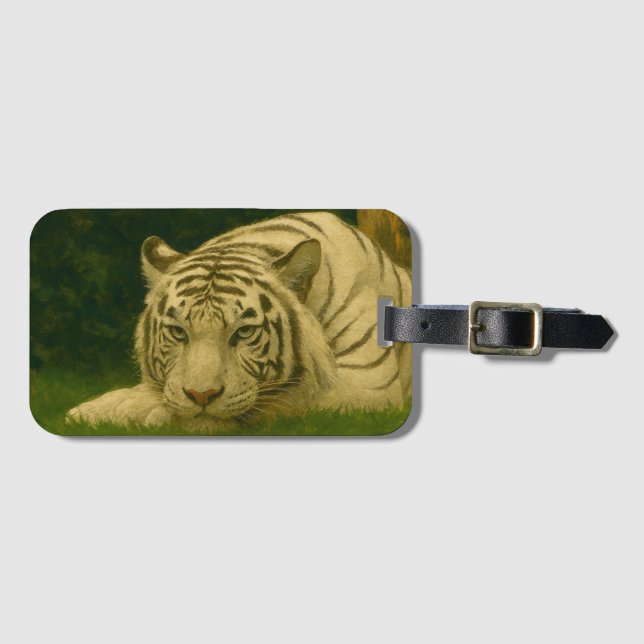 White Tiger Resting in Woodland Shade Luggage Tag (Front Horizontal)