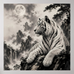 White Tiger Resting on Cliff   Traditional Ink Was Poster