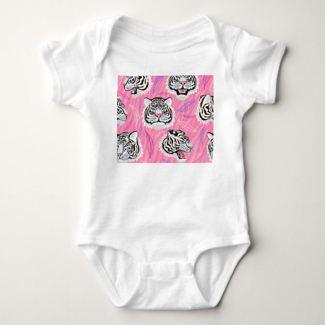 White Tiger Roar: Jungle Rainforest Pattern Baby Bodysuit (Front)