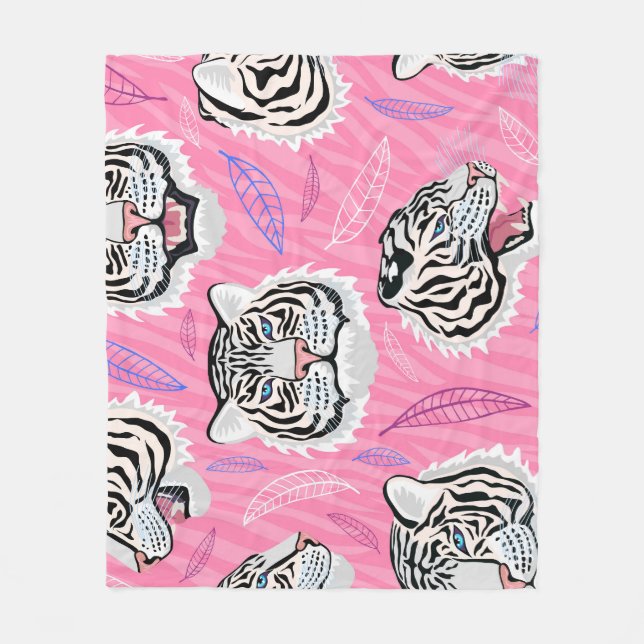 White Tiger Roar: Jungle Rainforest Pattern Fleece Blanket (Front)