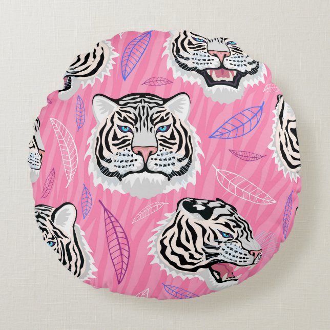 White Tiger Roar: Jungle Rainforest Pattern Round Cushion (Front)