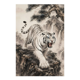 White Tiger Roaring Ink Wash Painting | Traditiona Photo Print