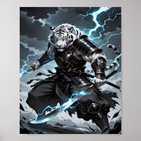White Tiger Samurai Warrior Blue Lightning Fantasy