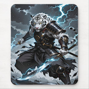 White Tiger Samurai Warrior Blue Lightning Gaming Mouse Mat