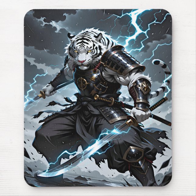 White Tiger Samurai Warrior Blue Lightning Gaming Mouse Mat (Front)