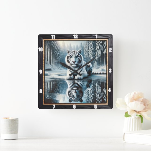 White Tiger Snow Reflection Square Wall Clock (Home)
