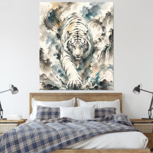 White Tiger Spirit Guardian - Chinese Ink Style Po Canvas Print