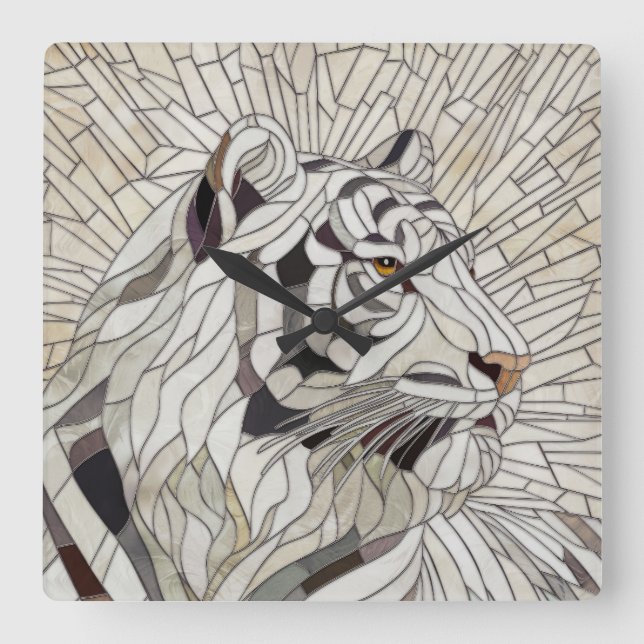 White tiger - Stained Glass Mosaic Digital Art Square Wall Clock (Front)