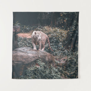 WHITE TIGER STANDING ON GREY STONE TAPESTRY