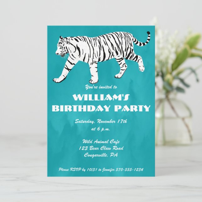 White Tiger Teal, Turquoise Blue Birthday Party Invitation (Standing Front)