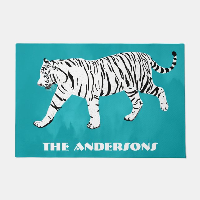 White Tiger Teal, Turquoise Blue Personalised Doormat (Front)