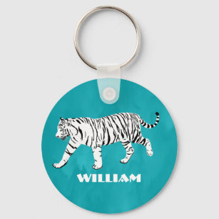 White Tiger Teal, Turquoise Blue Personalised Key Ring