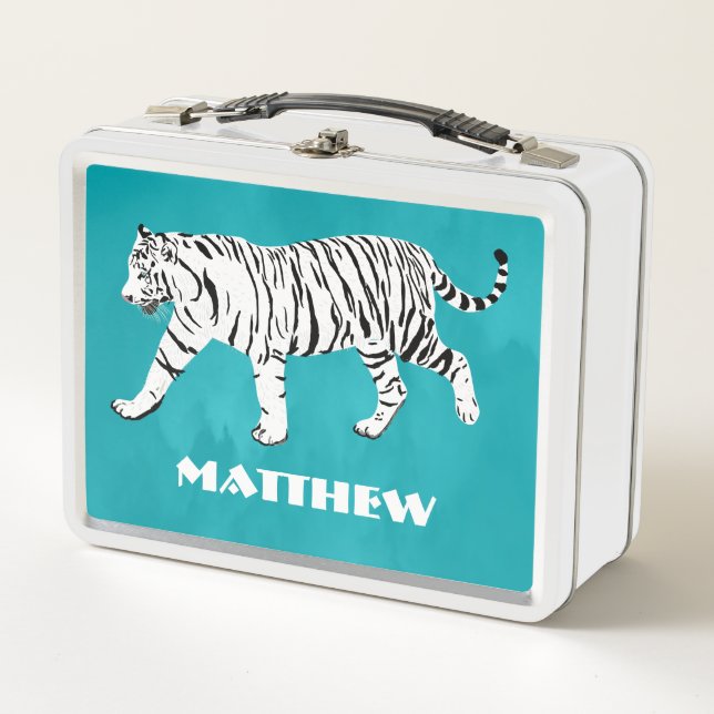 White Tiger, Teal, Turquoise Blue Personalised Metal Lunch Box (Front)