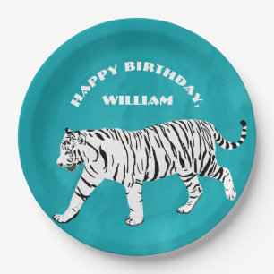 White Tiger Teal, Turquoise Blue Personalised Paper Plate