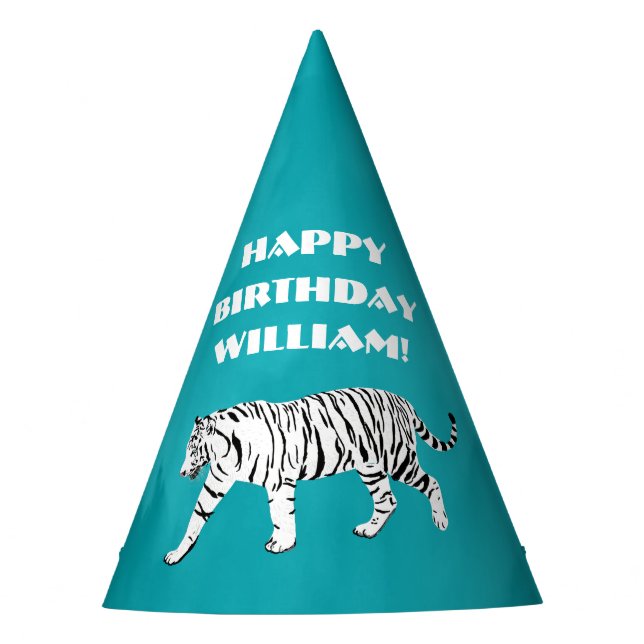 White Tiger Teal, Turquoise Blue Personalised Party Hat (Front)