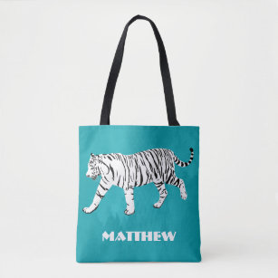 White Tiger, Teal, Turquoise Blue Personalised Tote Bag