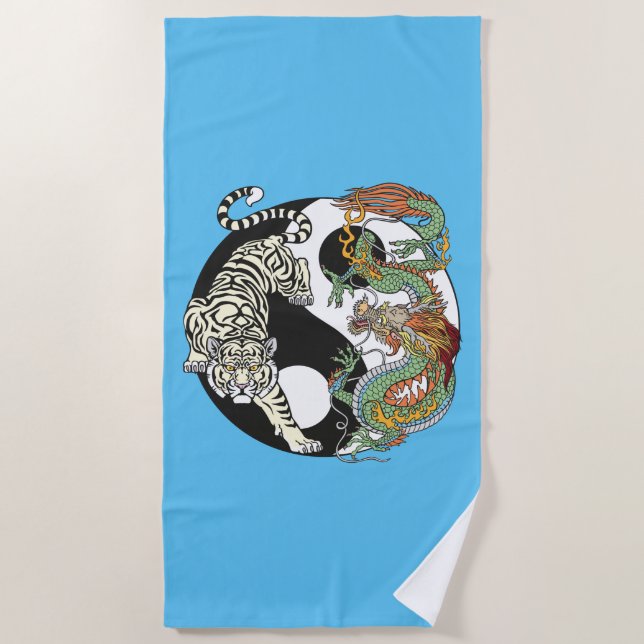 White tiger versus green dragon in the yin yang beach towel (Front)