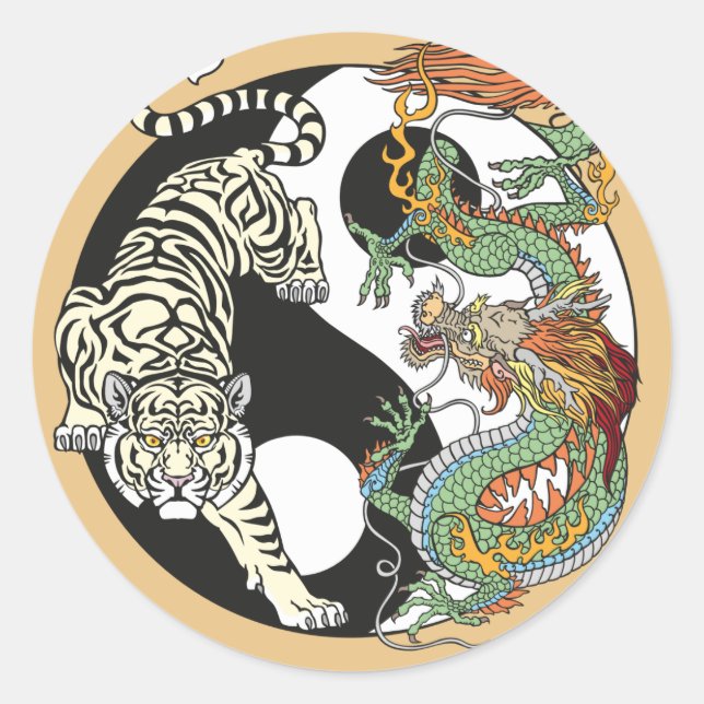 White tiger versus green dragon in the yin yang cl classic round sticker (Front)