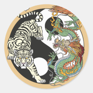 White tiger versus green dragon in the yin yang classic round sticker