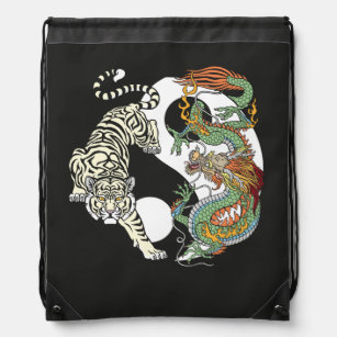 White tiger versus green dragon in the yin yang dr drawstring bag