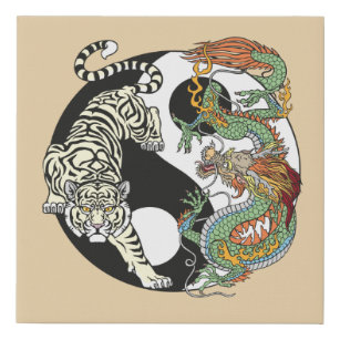 White tiger versus green dragon in the yin yang  faux canvas print