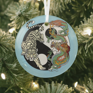 White tiger versus green dragon in the yin yang gl glass tree decoration