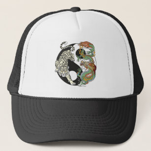 White tiger versus green dragon in the yin yang trucker hat