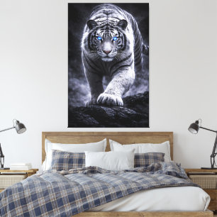 White Tiger Walking Forward Ice Blue Eyes Powerful Canvas Print