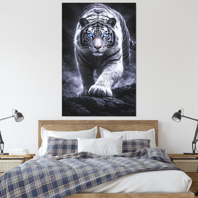 White Tiger Walking Forward Ice Blue Eyes Powerful Canvas Print (Insitu(Bedroom))